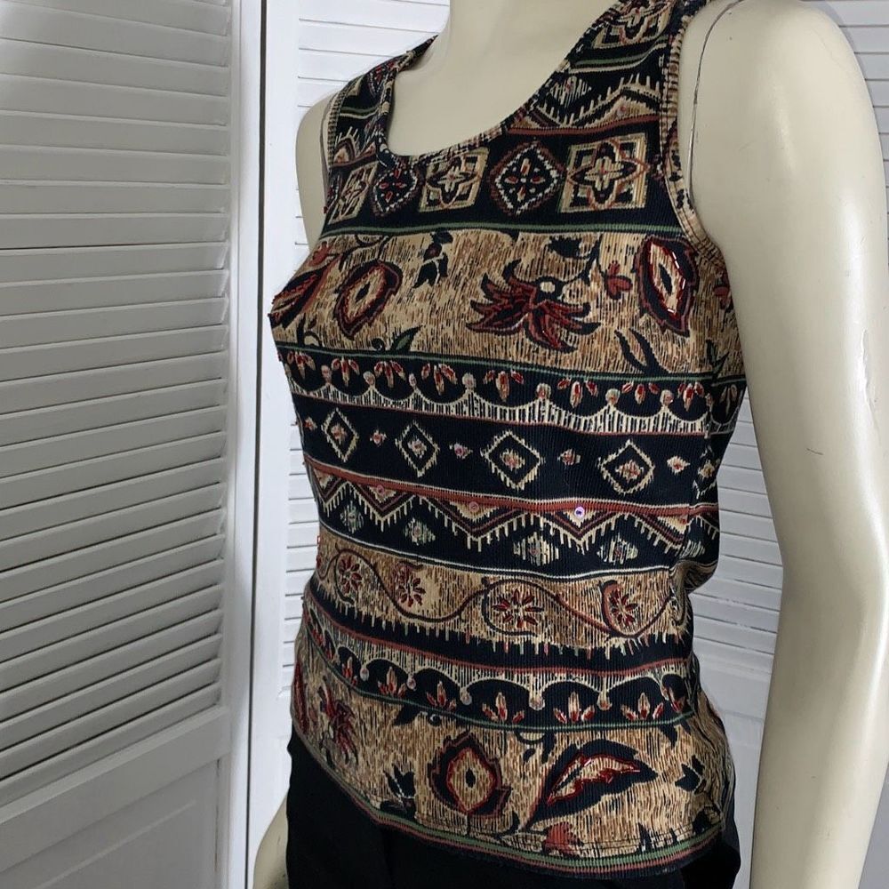Vintage Multi‎ All Over Print Beaded Ribbed Tank Top Size Medium